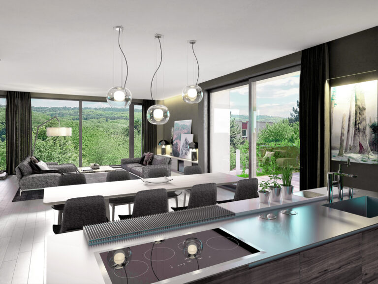a room with a large kitchen and dining area
