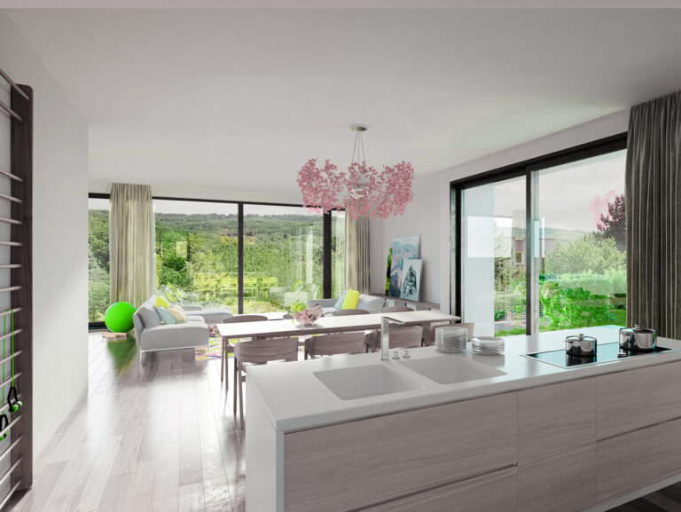 a kitchen and living room with large windows